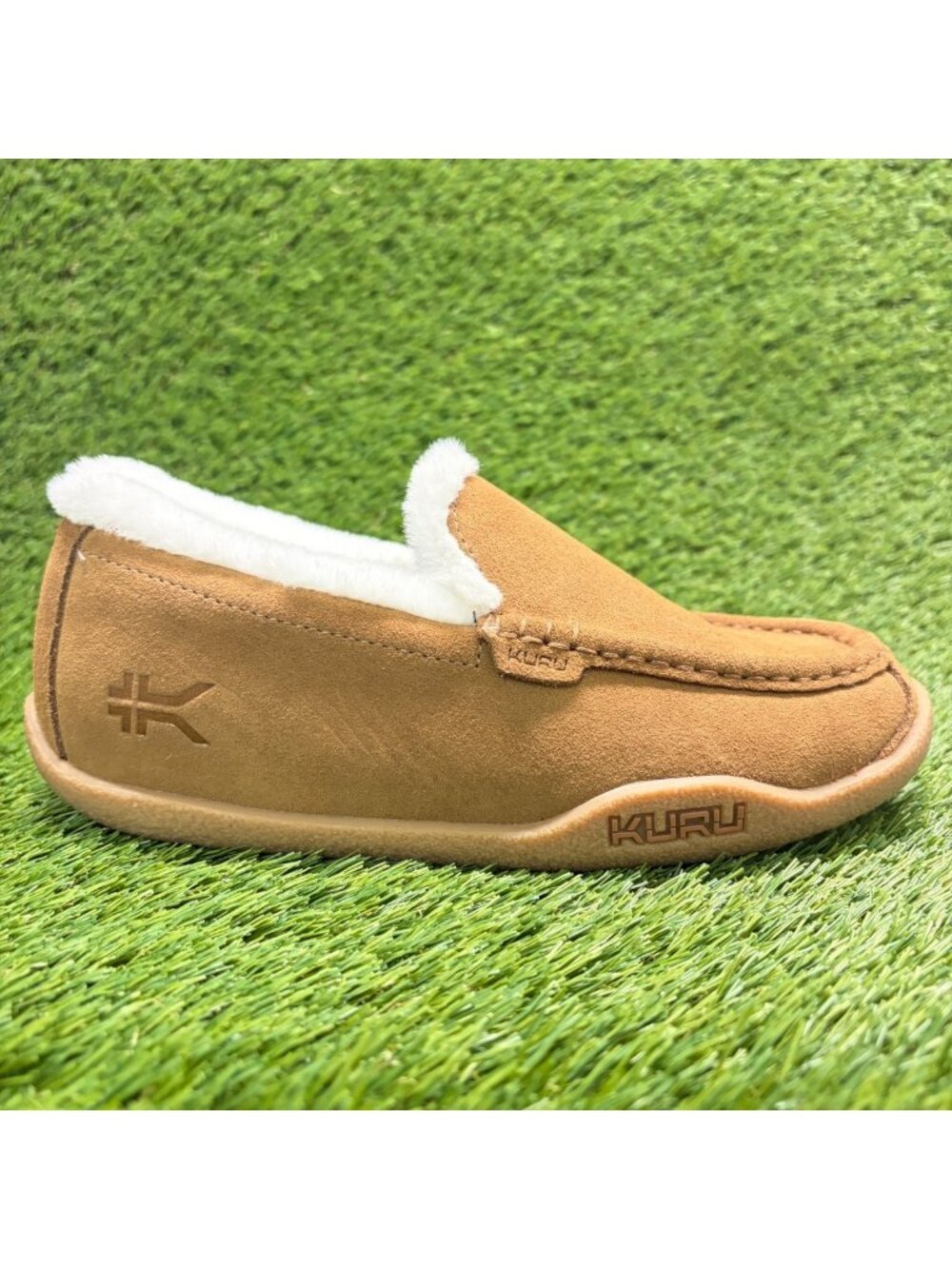 KURU Women's Tan Suede Slip-On Slipper with White Fleece Lining